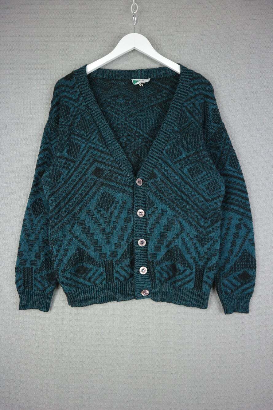 Porto Bello Vintage Cardigan Sweater Teal Black Geometric Pattern Medium